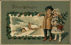 Merry Christmas with Boy and Girl holding Tree, Snow Scene Framed in Holly Postcard