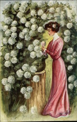 Brunette Woman in Pink Gown admiring White Hydrangeas Postcard
