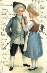 Little Girl Pins Pink Flower on Boy's Lapel Postcard