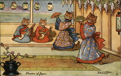 "Flowers of Japan" - Four Cats Dressed in Asian Attire Dressed Animals Postcard Postcard