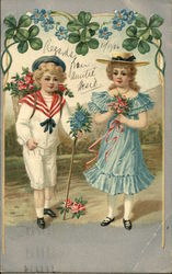 Little Girl In Blue Ruffled Dress With Little Boy in White Sailor Suit Postcard