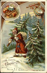 A Merry Christmas - Santa Carrying Sack and Tree in the Snow Postcard