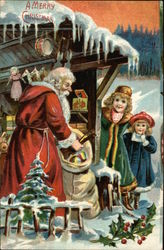Merry Christmas - Santa Packing Toys with Children looking on Postcard Postcard
