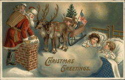 Christmas Greetings - Santa Climbing Down Chimney, Reindeer, Sleeping Children Postcard