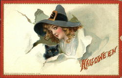 Halloween Witch & Black Cat Postcard