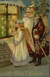 A Merry Christmas - Santa and Angel Looking in Window from the Snow Postcard