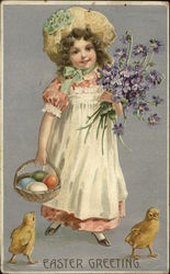 Easter Greeting - Young Girl carrying Basket of Eggs and Cut Violets, Baby Chicks at her feet With Children Postcard Postcard