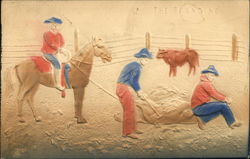 Three Cowboys Roping and Branding Cattle - Embossed Postcard