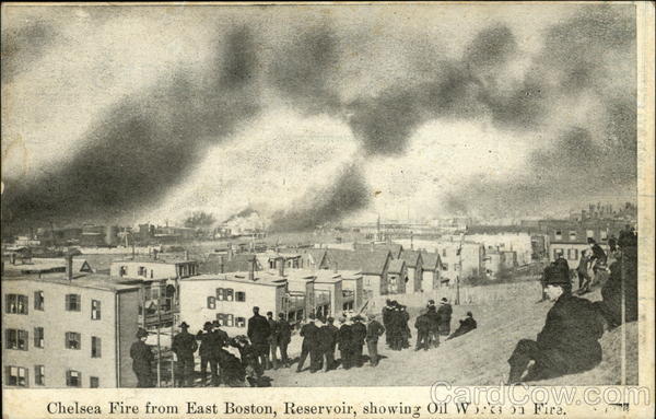 Chelsea Fire from East Boston, Reservoir, Showing Oil Works on Fire Massachusetts