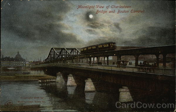 Charlestown Bridge and Boston Elevated - Moonlight View Massachusetts