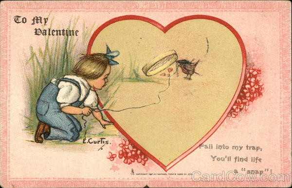 Valentine With Boy Trying To Catch Bird In Trap Children