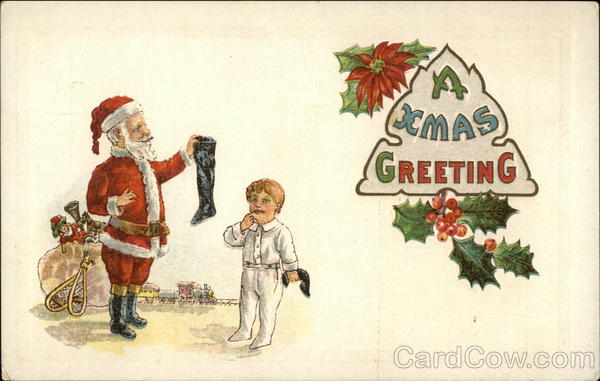 A Christmas Greeting with Santa, Toys and Little Boy