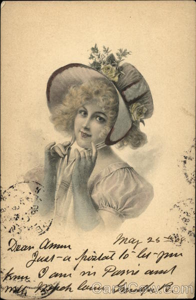 Young Girl Tying on Hat Decorated with Yellow Roses