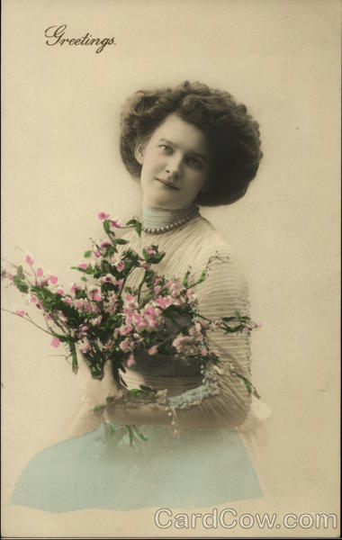 Greetings, Woman in Blue Skirt Holds Bouquet of Pink Flowers
