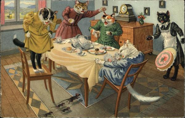 Cat Family Having Tea, Interrupted by Mice Cats
