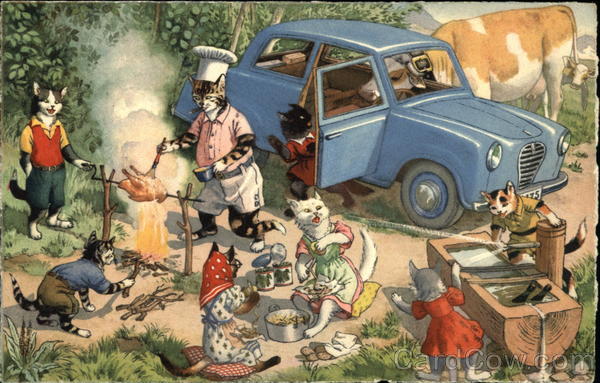 Cats in Clothing Having Picnic