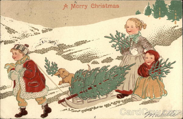 Children Towing Tree on Sled in Snow