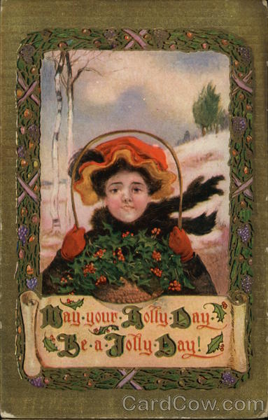 Girl Gathering Basket of Holly Children