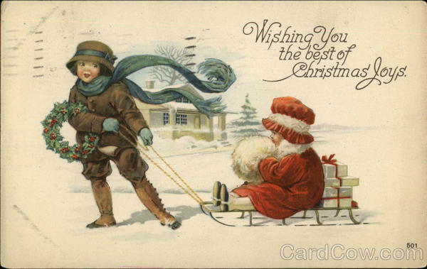 Wishing You the Best of Christmas Joys - with Children & Sled in the Snow