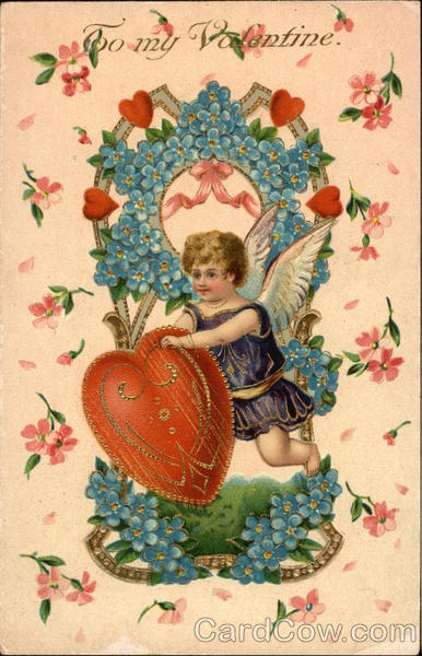 To My Valentine with Cherub, Hearts and Flowers