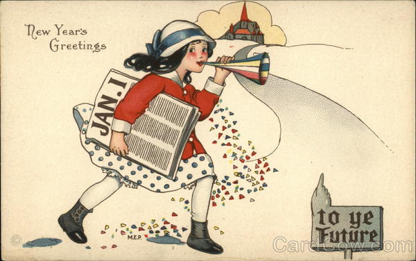 New Year's Greetings with Girl, Newspaper, and Party Horn