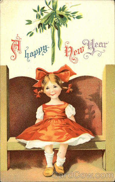 A Happy New Year with Girl sitting under Mistletoe