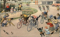 Cat Bicycle Road Race with Cheering Crowd Postcard