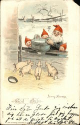 Elves Feeding Pigs Christmas Postcard Postcard
