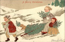 Children Towing Tree on Sled in Snow Postcard
