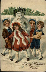 Loving Christmas Wishes with Snowman and Children Postcard