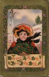 Girl Gathering Basket of Holly Postcard