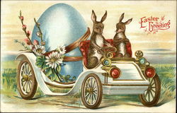 Easter Greeting with Bunnies Hauling Large Egg in a Car Easter Greeting with Bunnies Hauling Large Egg in a Car