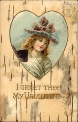 I Greet Thee! My Valentine - with Lovely Girl inside Heart Women Postcard Postcard