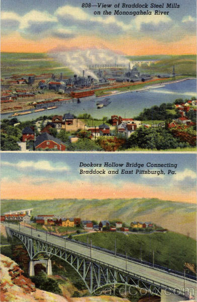 View of Braddock Steel Mills on the Monongahela River, Dookors Hollow Bridge Connecting Braddock and East Pittsburgh
