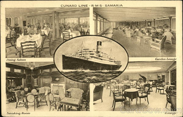 Cunard Line, R.M.S. Samaria, Dining Saloon, Garden Lounge, Smoking Room, Lounge