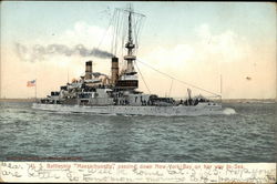 U. S. Battleship "Massachusetts," passing down New York Bay, on her way to Sea Battleships Postcard Postcard