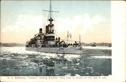 U.S. Battleship Indiana Leaving Brooklyn Navy Yard in Winter on her Way to Sea Postcard