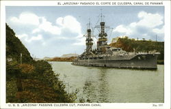USS Arizona passing Culebra Cut, Panama Canal Postcard