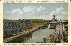 USS Tennessee in Upper West Chamber, Gatun Locks, Panama Canal Postcard
