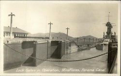 Lock Gates in Operation, Panama Canal Postcard