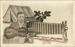 Tent, Man, Violin, Camera Postcard