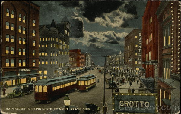 Main Street Looking North by Night Akron Ohio