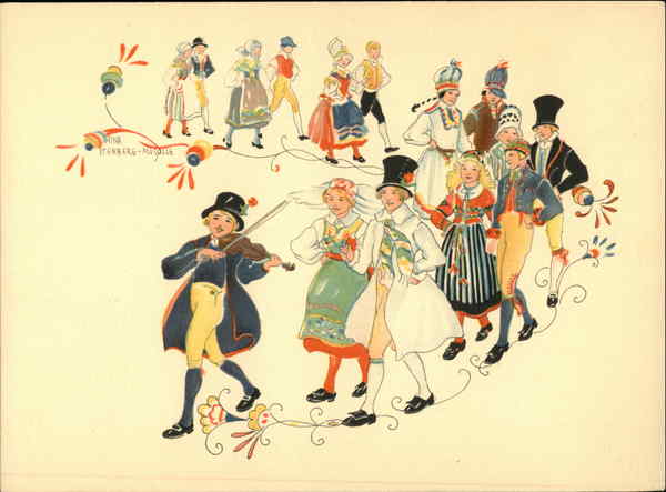 Couples in Ethnic Costumes Dancing Behind Violinist