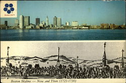 Boston Skyline - Now and Then (1723-1730) Massachusetts Postcard Postcard