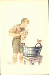 Boy Scout Looks at Red Bird on Handle of Tub He's Using to Wash Dishes Postcard