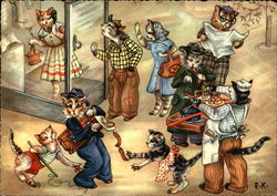 Downtown Street Scene with Cats in Clothes - Reading Newspaper, in Phone Booth, Selling Food Postcard