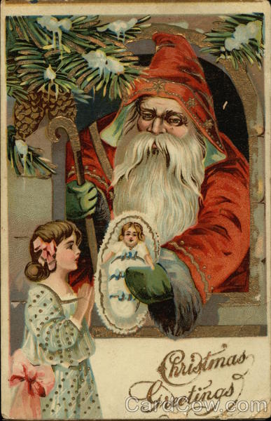 Christmas Greetings - Santa Giving Doll to Young Girl