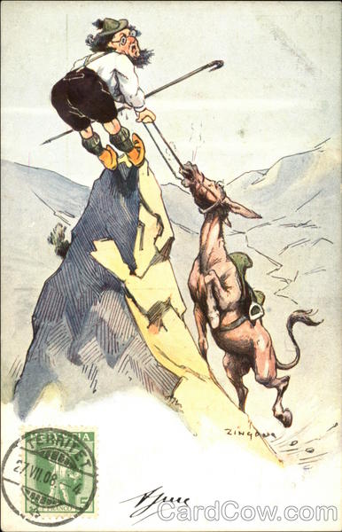 Swiss Mountain Climber Dragging Horse Up Peak Comic, Funny