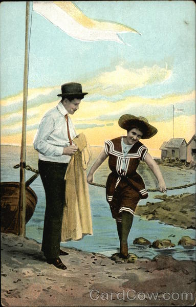 Man in White Shirt and Black Pants Holds Yellow Jacket for Woman in Vintage Bathing Suit