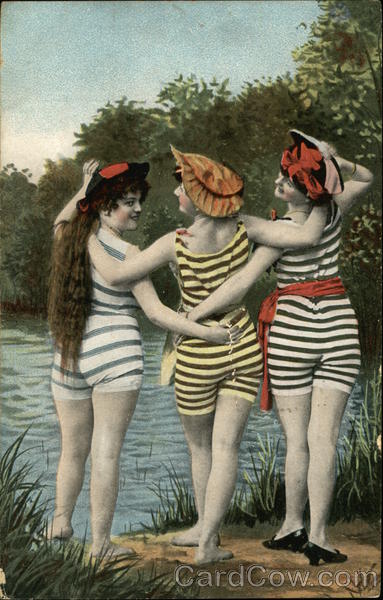 Three Women in Striped Bathing Suits Swimsuits & Pinup